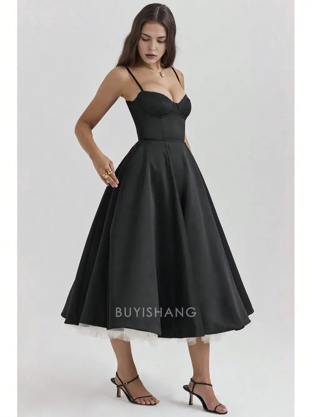 Elegant A-Line Spaghetti Strap Sweetheart Neck Midi Dress with Tulle Hem Prom Dresses